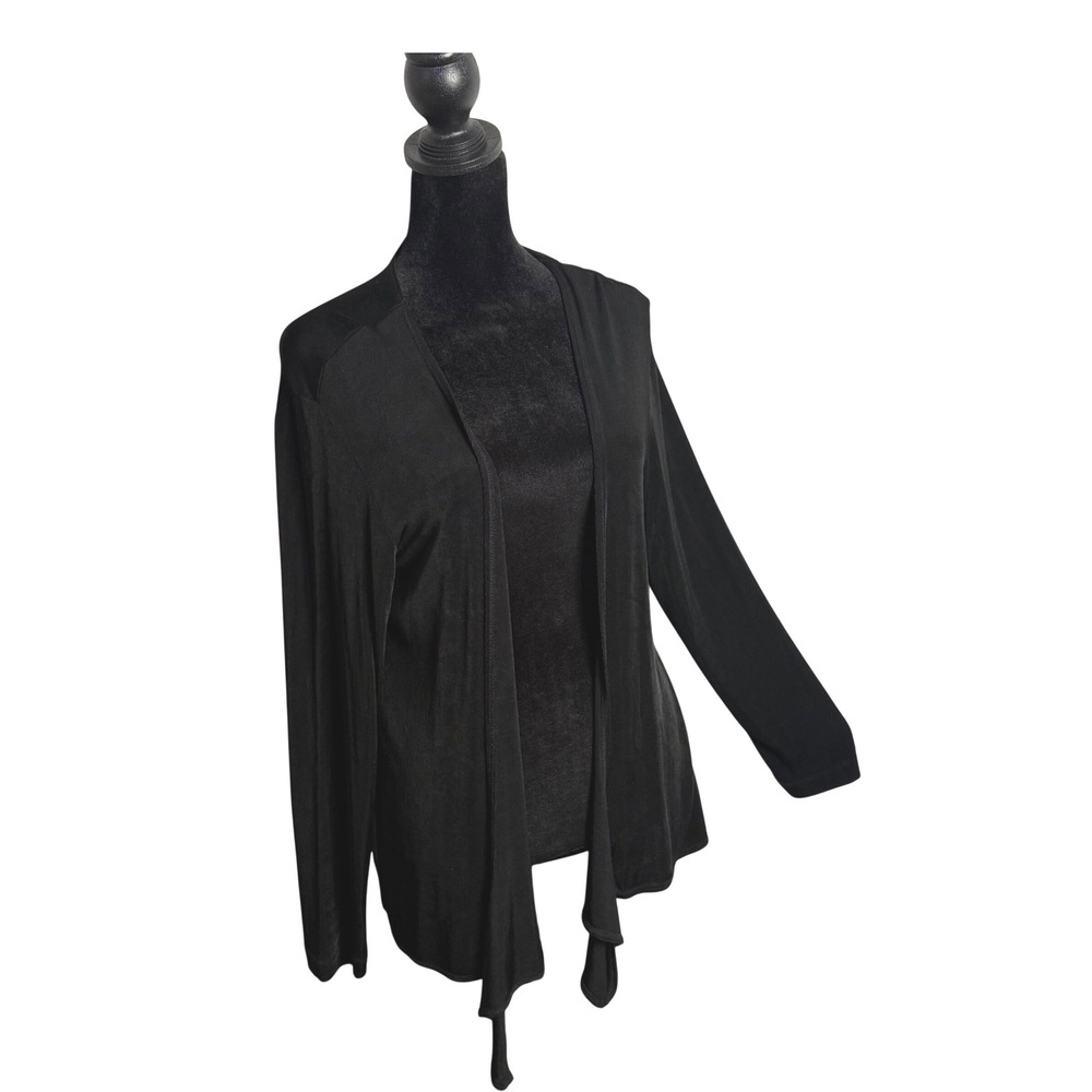 Chicos Travelers Black Open Front Cardigan Size 1 Medium Slinky Layering Drape